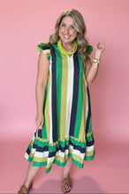 Load image into Gallery viewer, green multi stripe flutter sleeve midi dress
