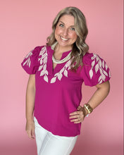 Load image into Gallery viewer, leaf embroidered puff sleeve blouse, magenta
