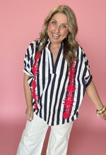 Load image into Gallery viewer, navy stripe stand-collar floral embroidered blouse
