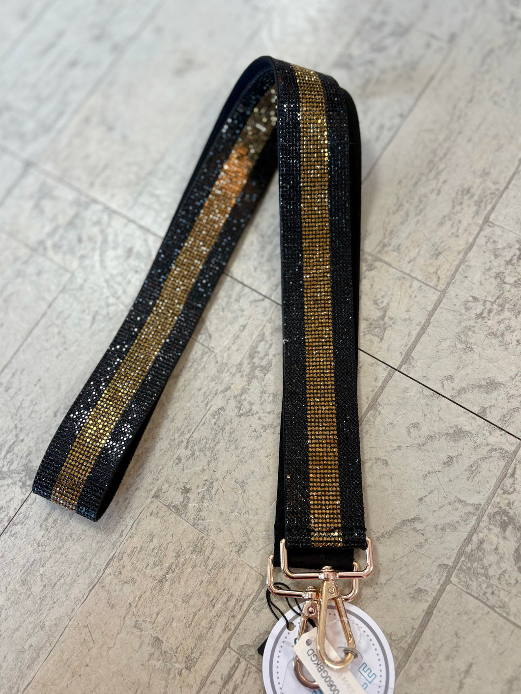 black + gold crystal purse strap