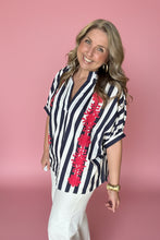 Load image into Gallery viewer, navy stripe stand-collar floral embroidered blouse
