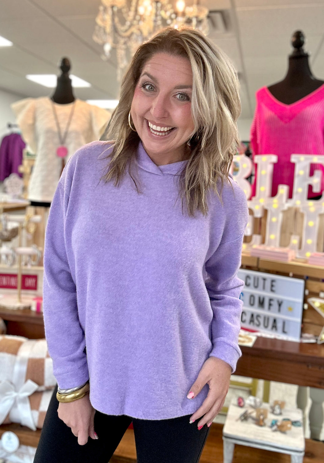 hooded hacci sweater, lavender