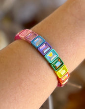 Load image into Gallery viewer, glam factor rectangular crystal stretch bracelet, rainbow glow
