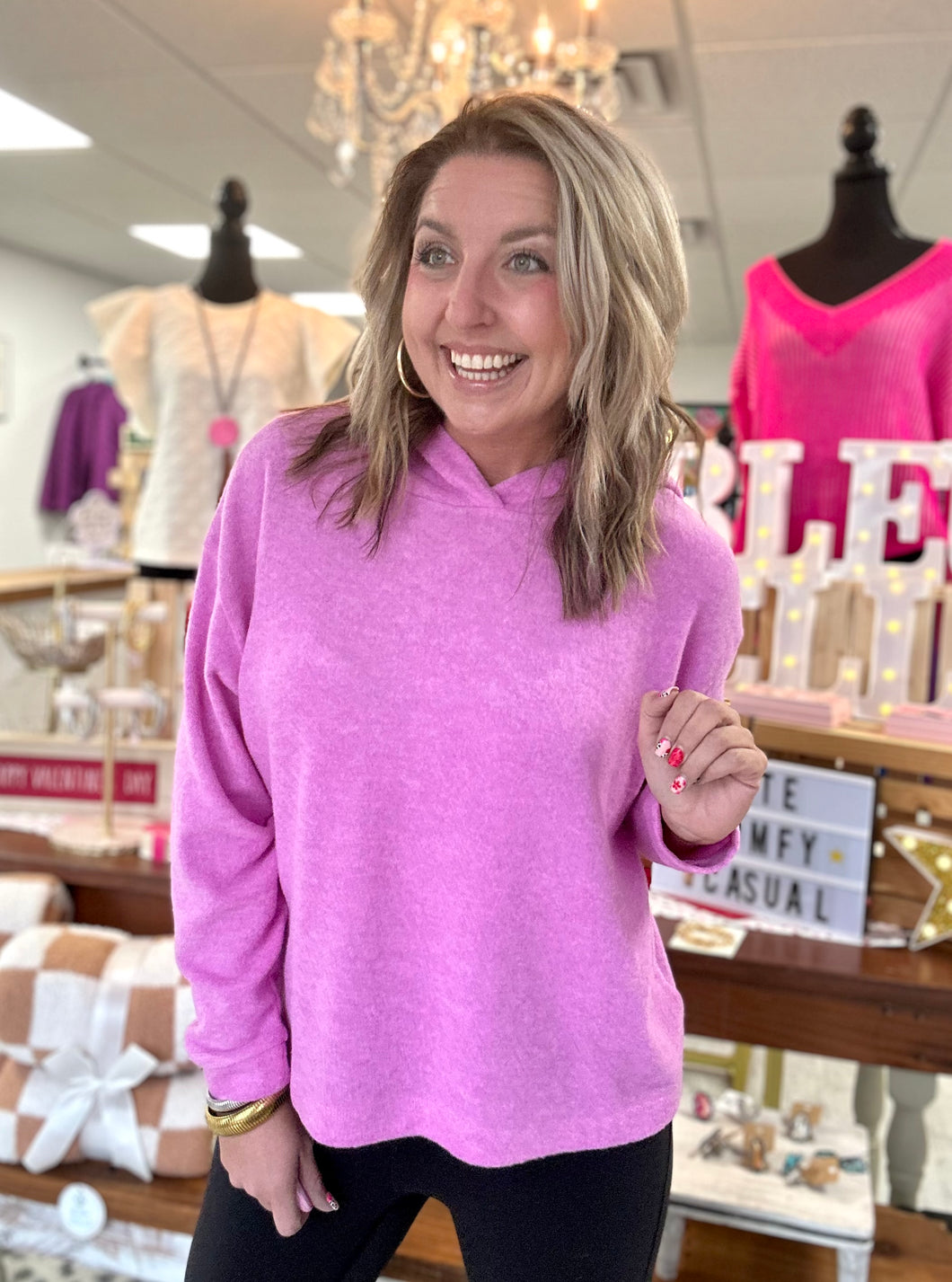 hooded hacci sweater, bright mauve