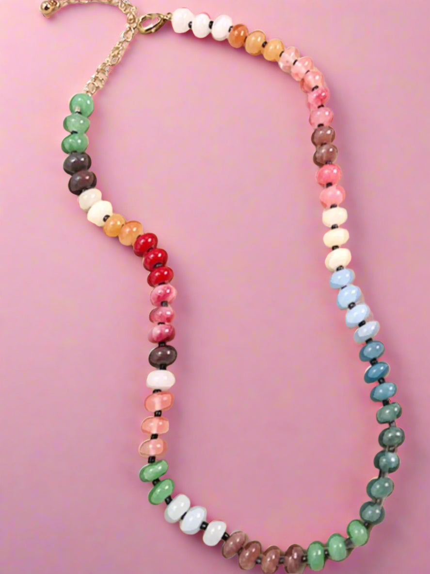 agate glass bead necklace, gem tones