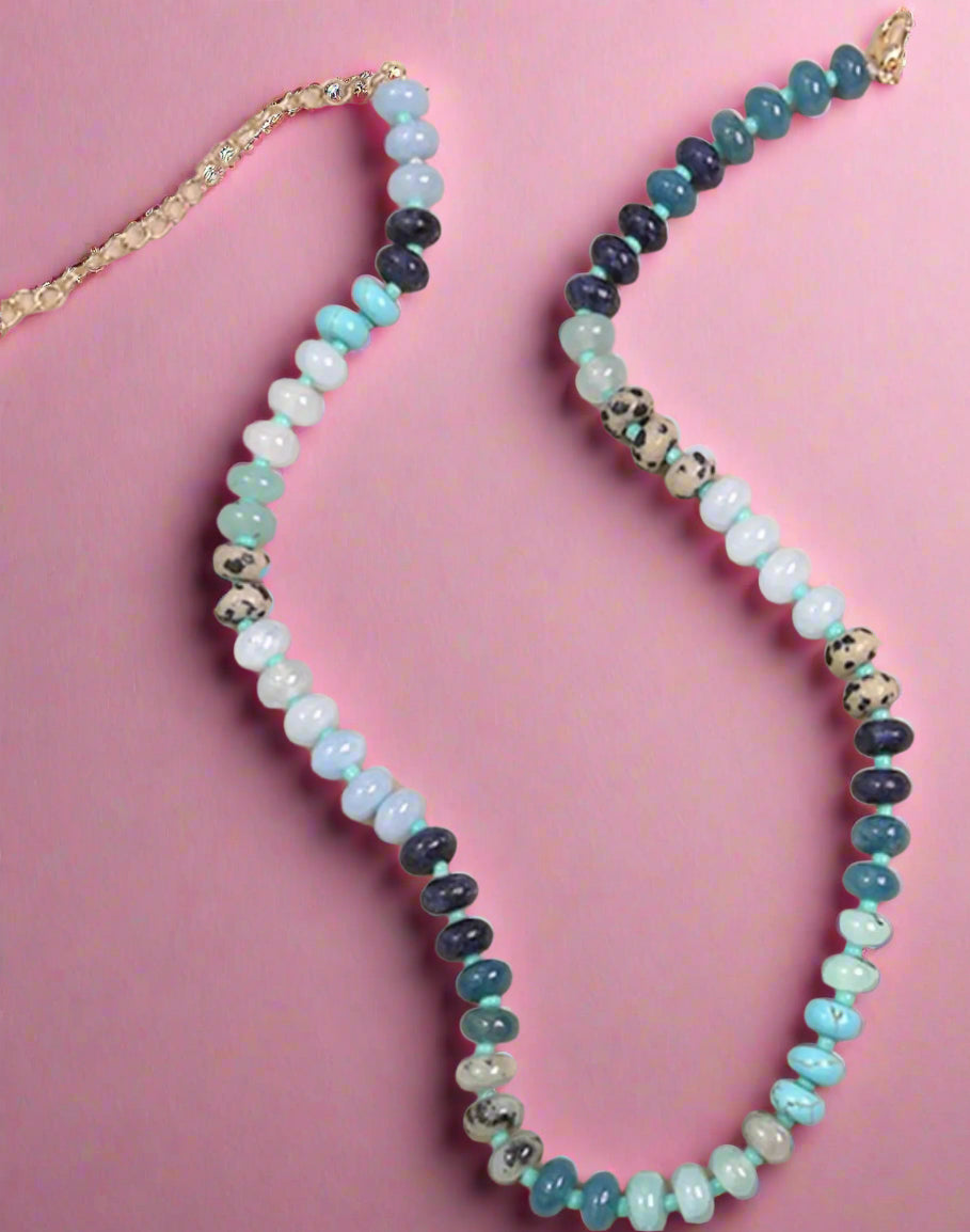 agate glass bead necklace, blue tones