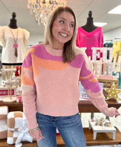 in print sweater, pink