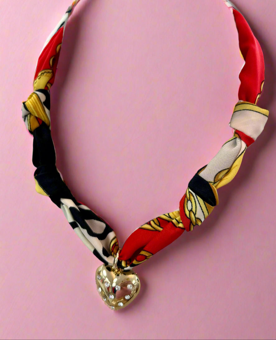 scarf necklace, red print + cross