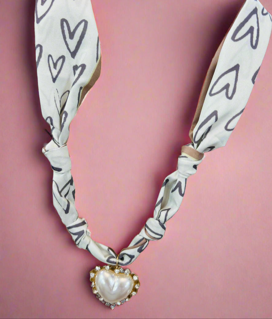 scarf necklace, grey hearts