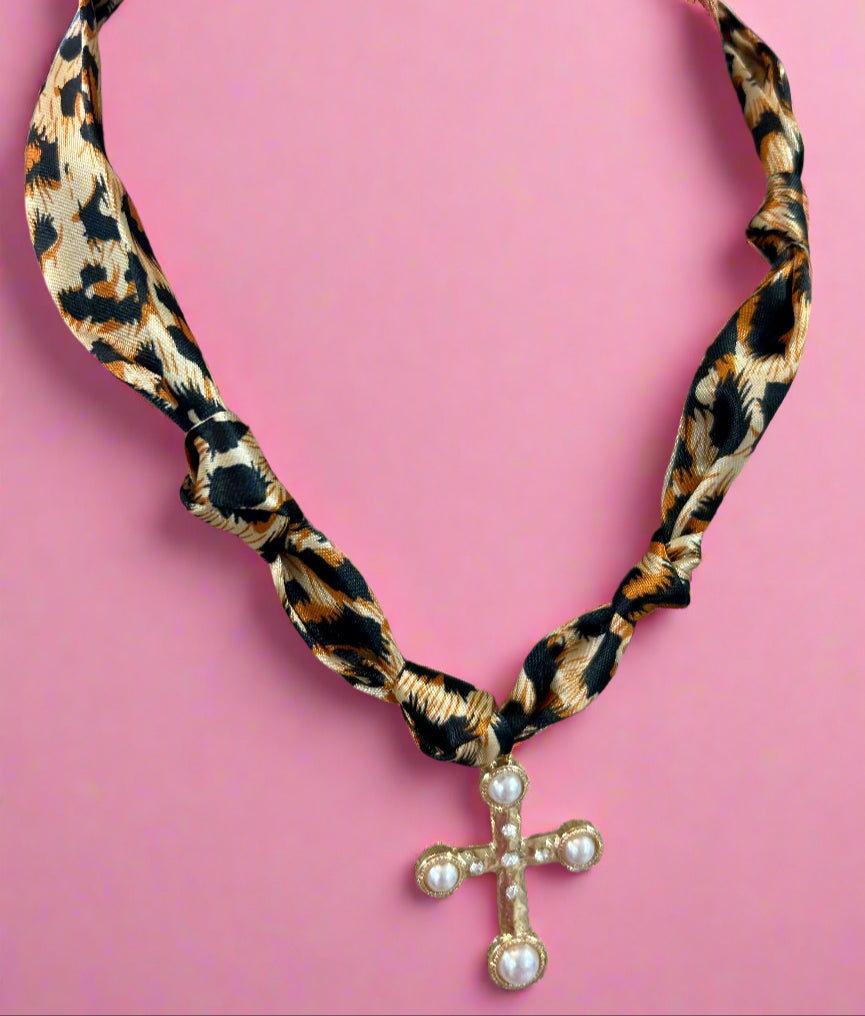 scarf necklace, cheetah cross