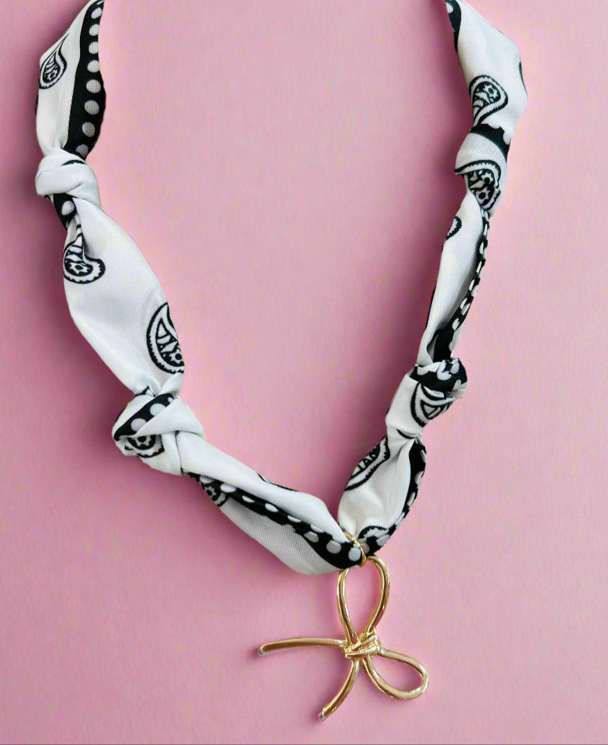 scarf necklace, black + white bow
