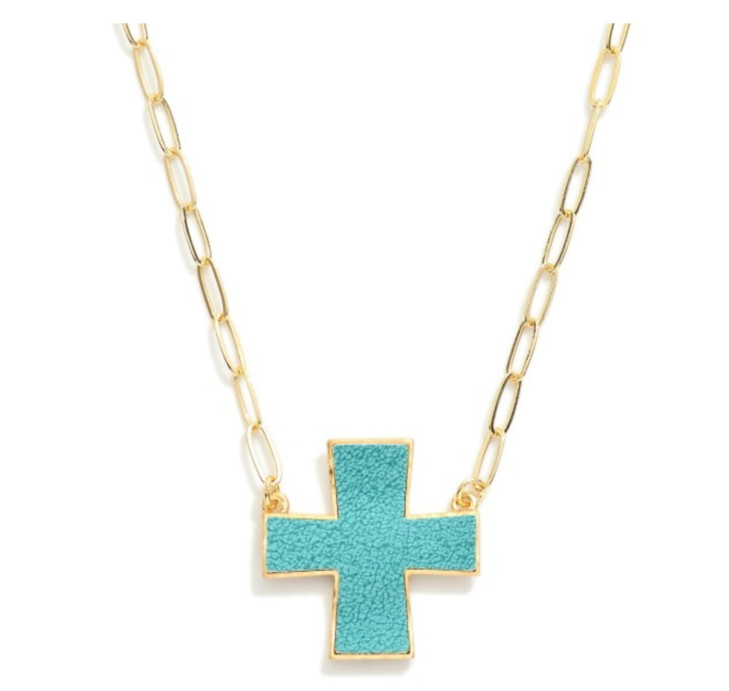 cross pendant necklace, turquoise