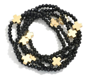 beaded cross bracelet stack, black