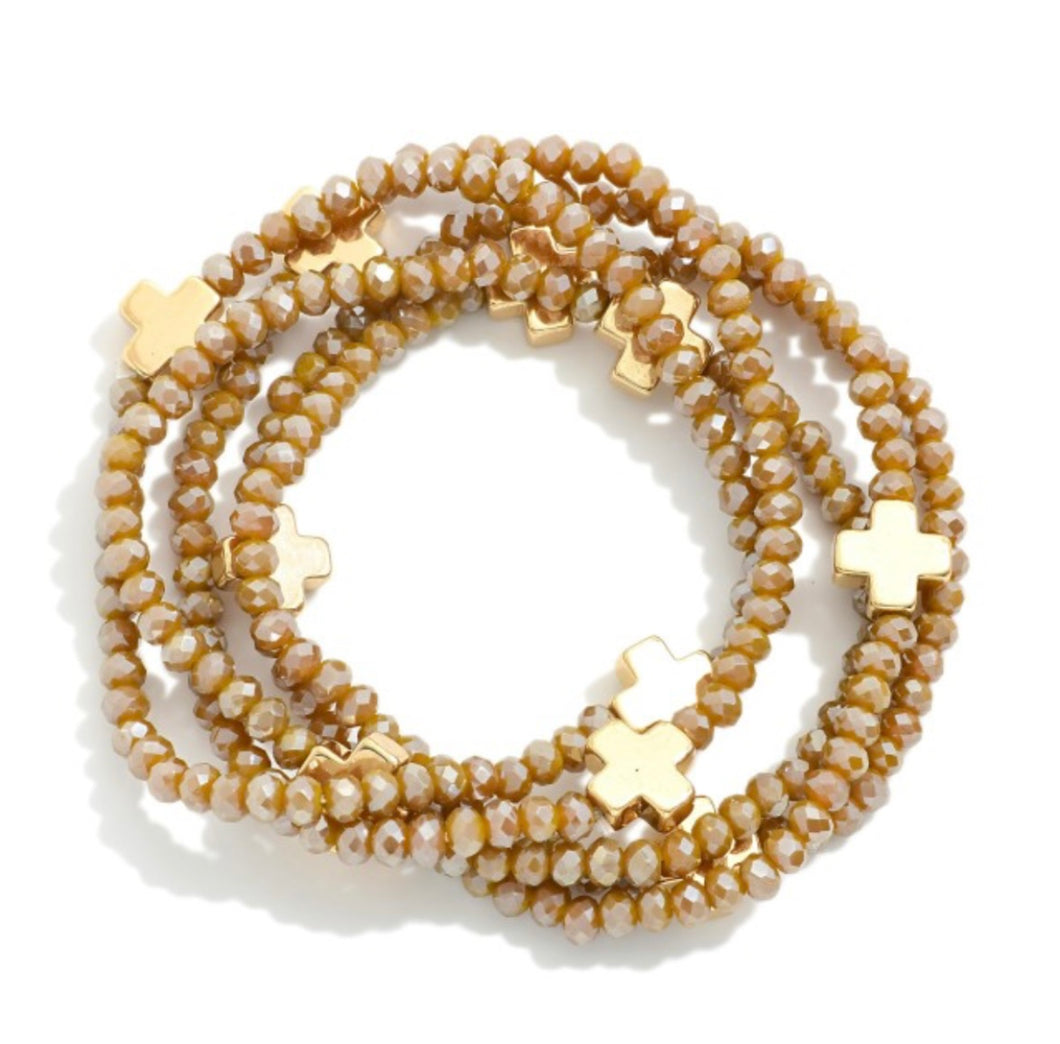 beaded cross bracelet stack, brown