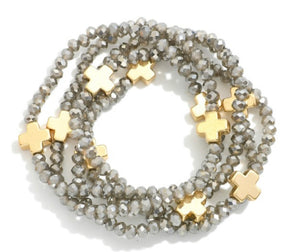 beaded cross bracelet stack, grey