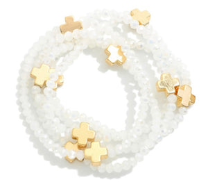 beaded cross bracelet stack, white