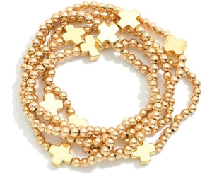 beaded cross bracelet stack, gold