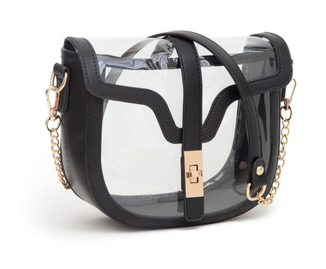clear buckled stadium bag, black