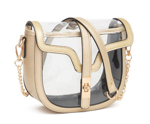 clear buckled stadium bag, gold