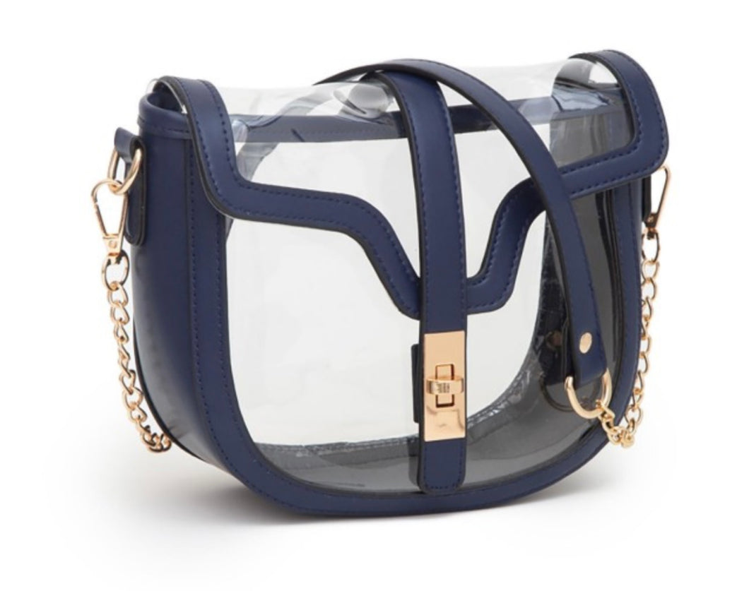 clear buckled stadium bag, navy