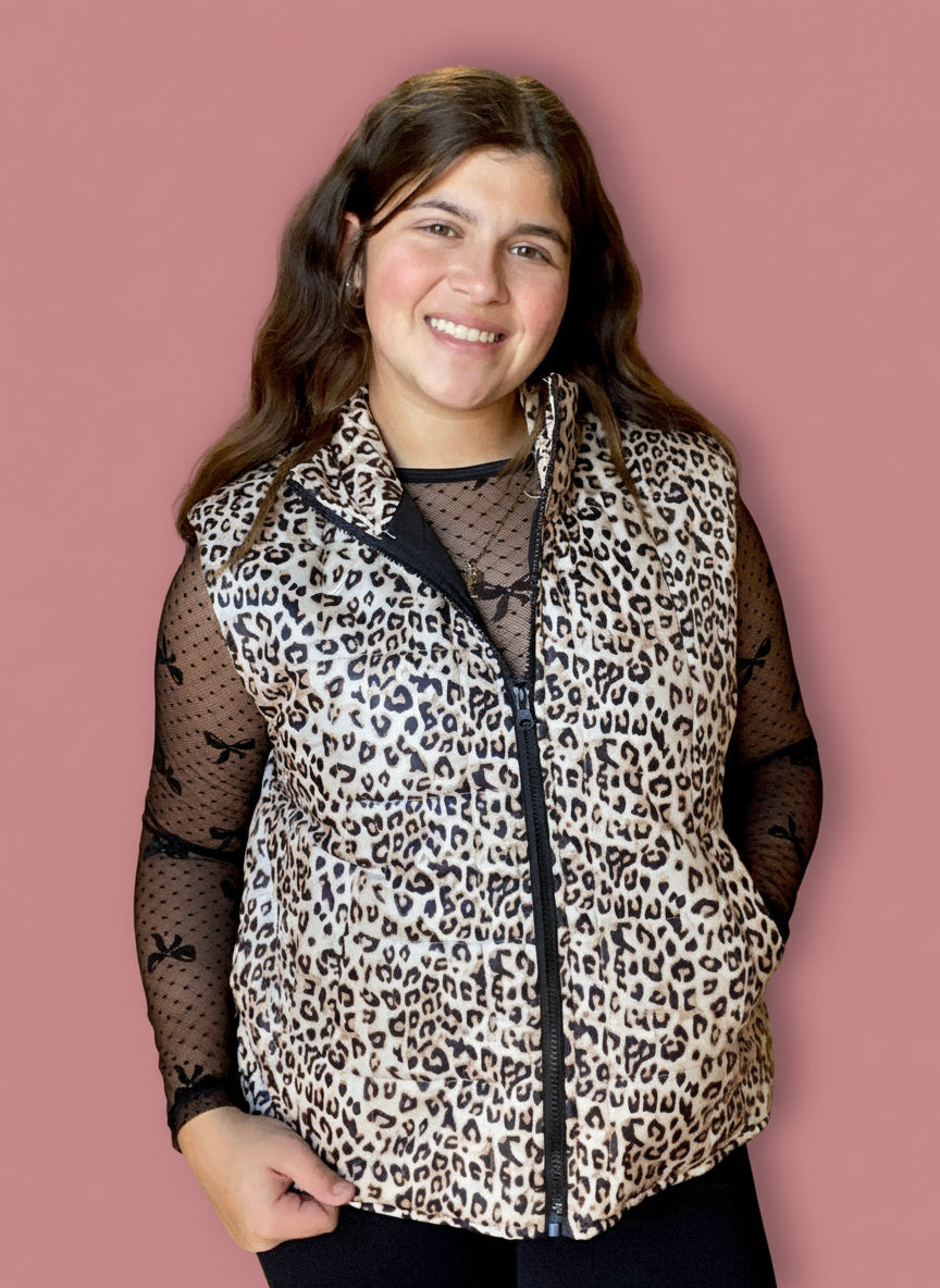 perfect puffer vest, leopard