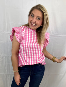 pink gingham ruffle sleeve