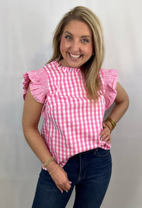 pink gingham ruffle sleeve