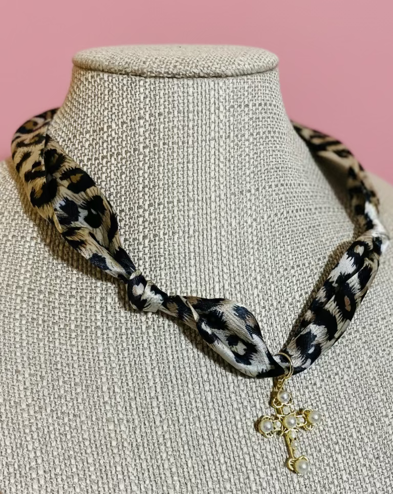 scarf necklace, animal print cross