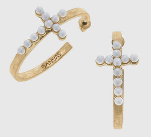 hannah pearl cross hoop earrings, worn gold | canvas