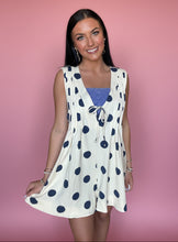 Load image into Gallery viewer, pleated v-neck romper, navy dot
