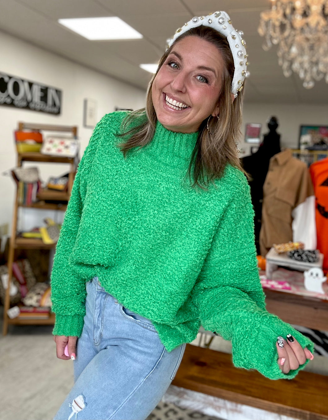 boucle oversized sweater, kelly green