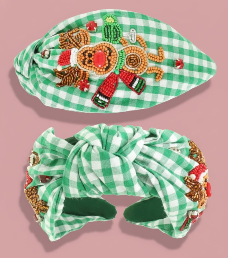 green gingham rudolph headband