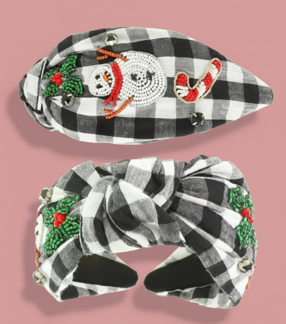 snowman headband, black gingham