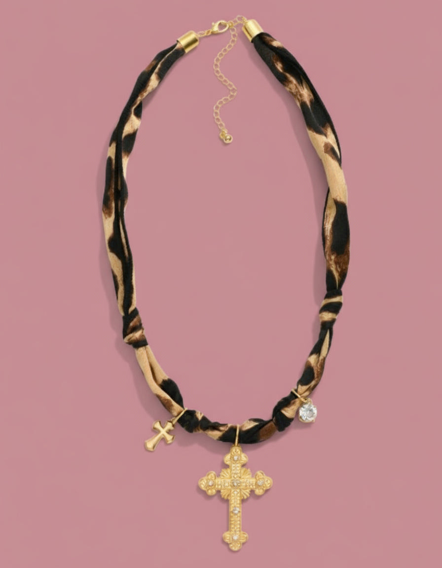 leopard cross scarf necklace