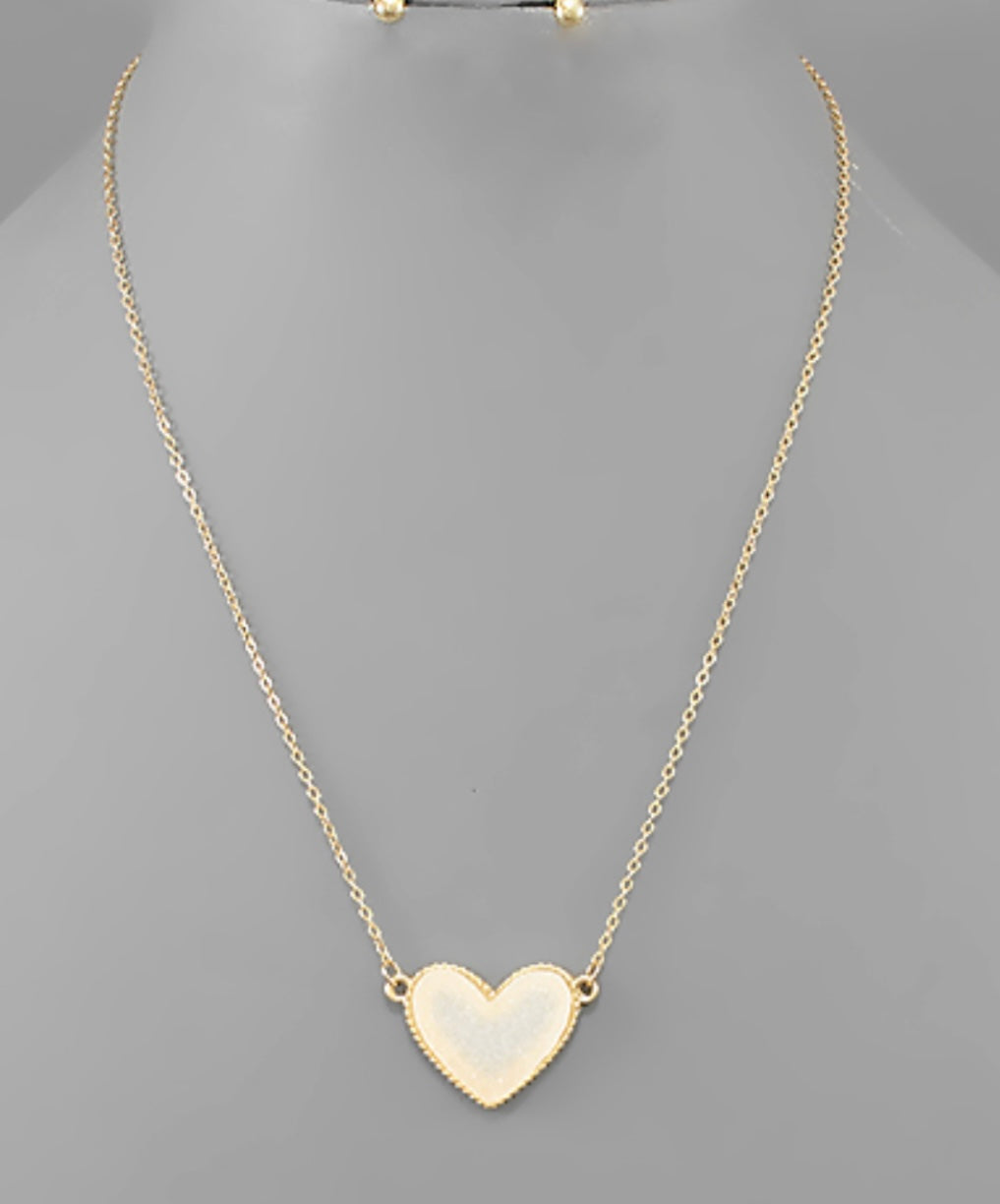 druzy heart necklace, white