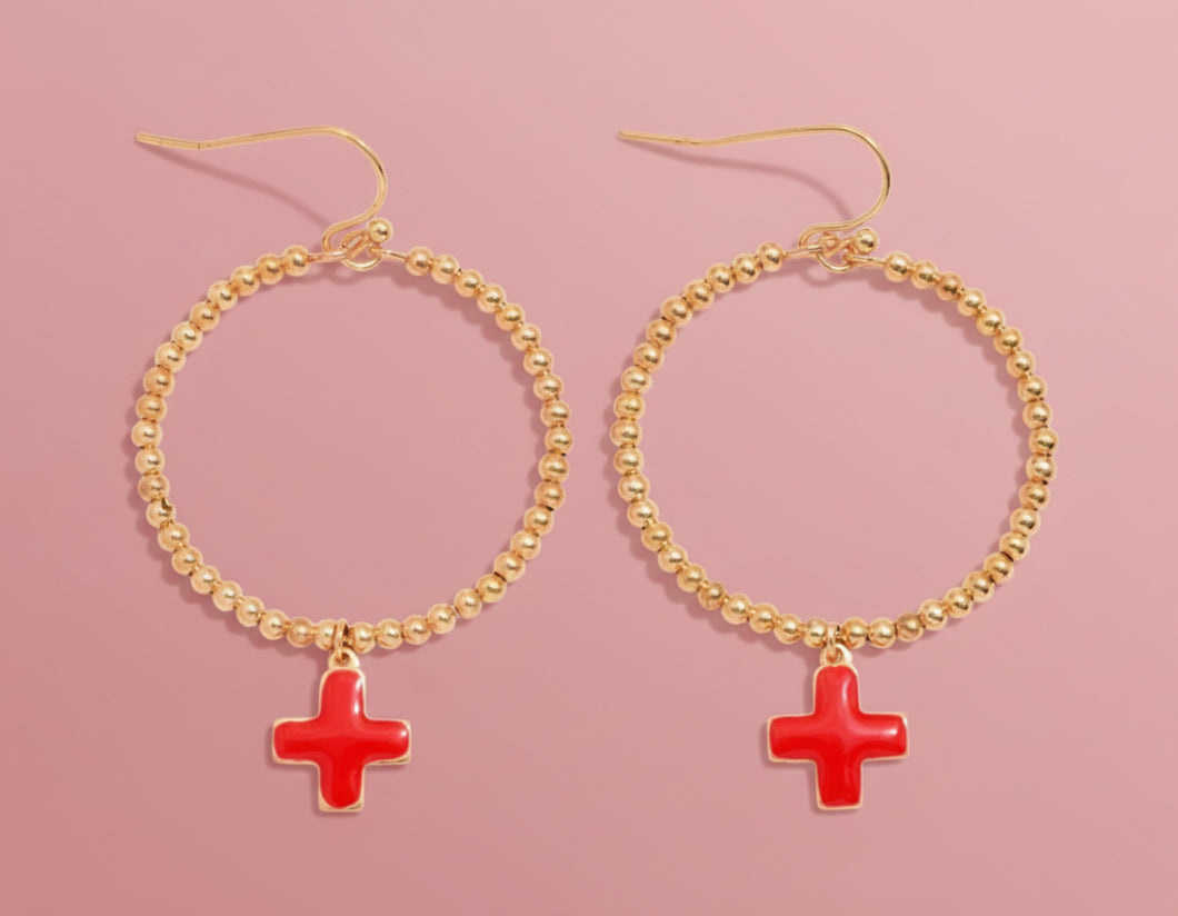 cross drop hoops, red