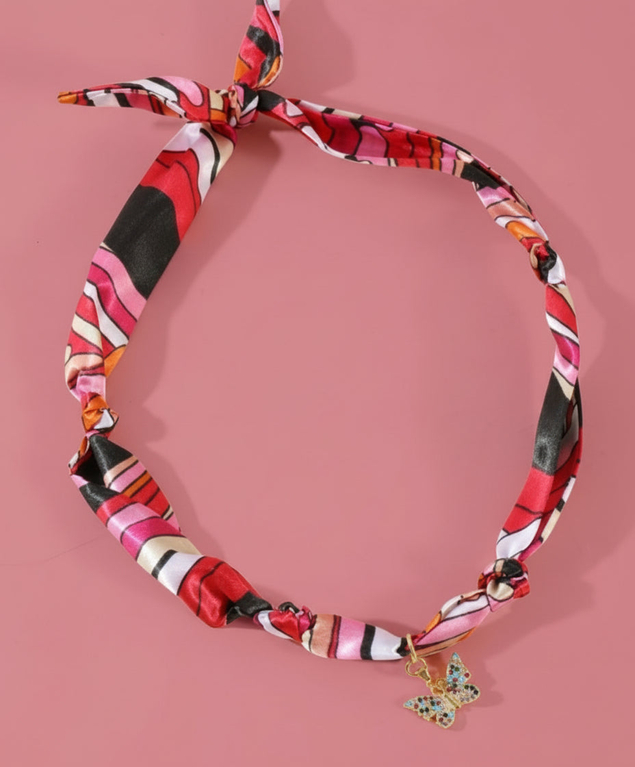 scarf necklace, pink butterfly