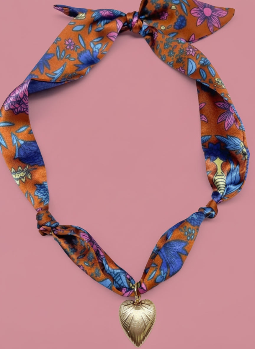 scarf necklace, orange heart