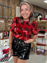 Load image into Gallery viewer, cropped sequin football top, red + black

