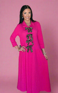 leopard bow midi dress, pink