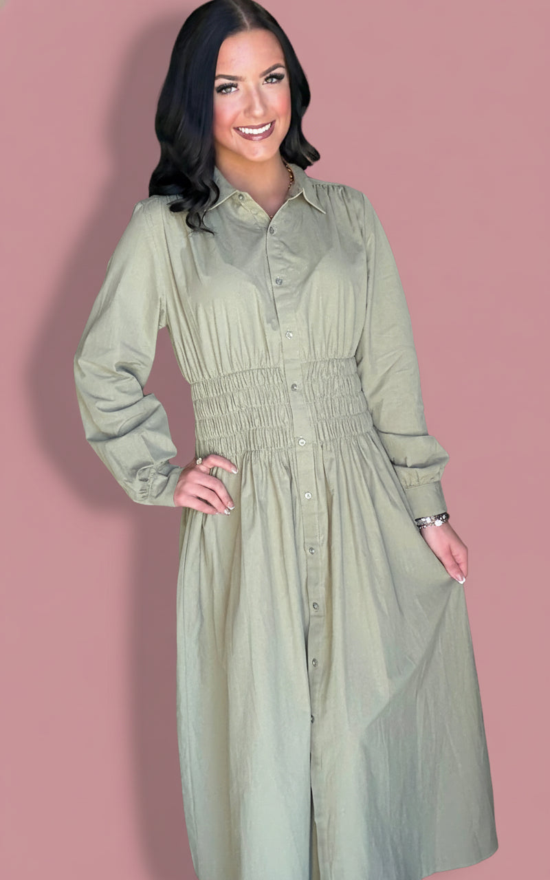 autumn smocked midi, olive