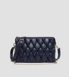 puffer quilted crossbody with chain, black