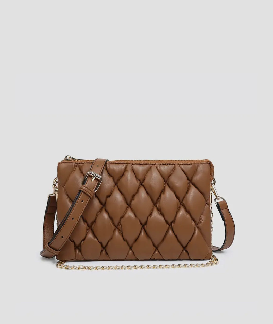 puffer quilted crossbody with chain, brown