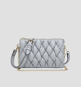 puffer quilted crossbody with chain, light grey