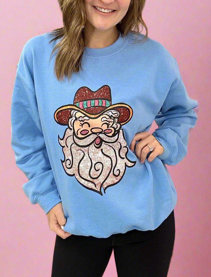 faux sequin cowboy santa sweatshirt