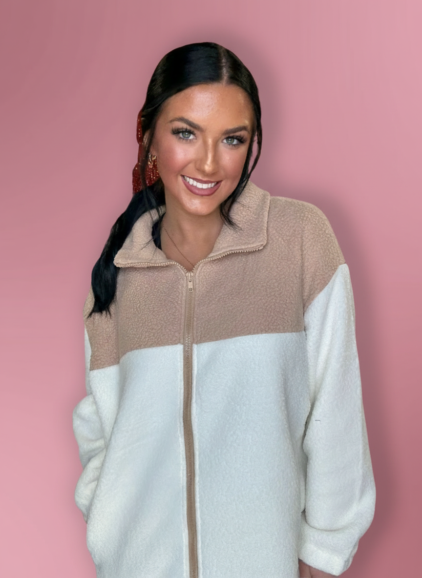 wintry mix colorblock sherpa, taupe + cream