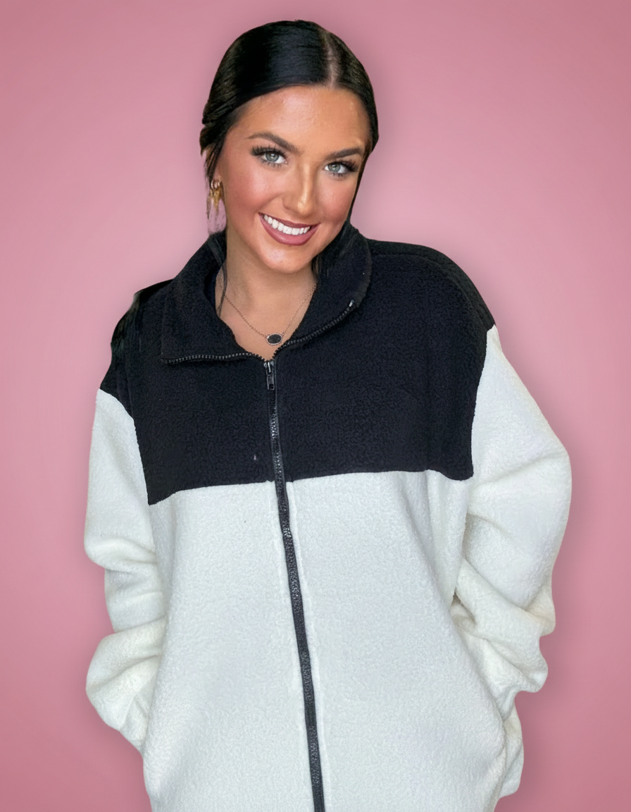 wintry mix colorblock sherpa, black + cream