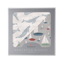 Load image into Gallery viewer, blue shadow whales and marina sailboats bamboo blanket | newcastle
