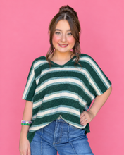 Load image into Gallery viewer, striped v-neck boxy knit sweater, forest green
