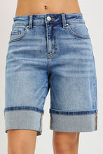 Load image into Gallery viewer, high-rise mid length cuffed shorts, medium wash denim | risen
